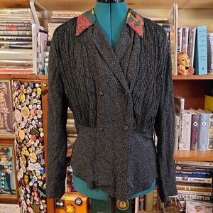 Vintage Componix‎ Rayon Blouse Green Black Leaf Print Contrast Collar Size 6